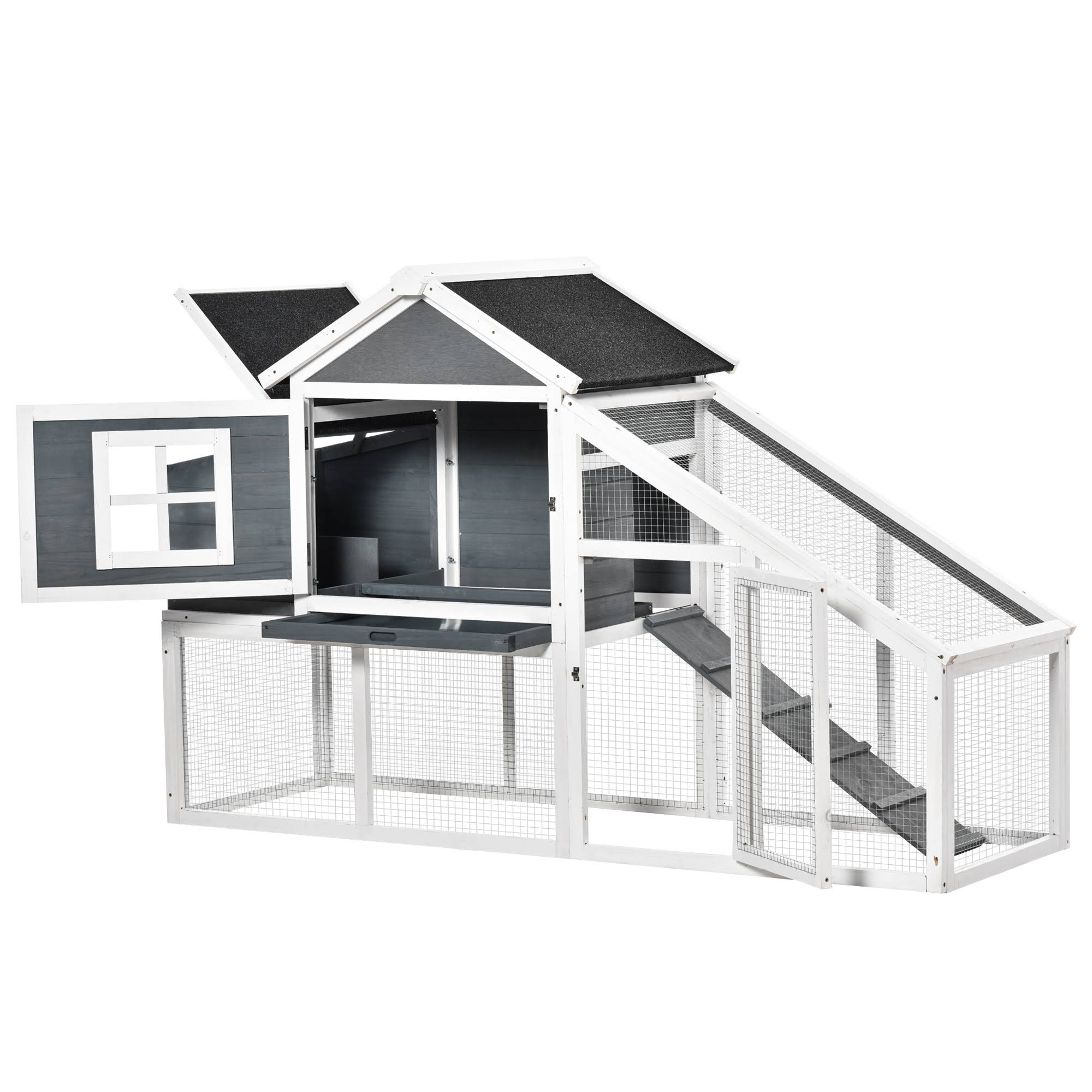 PawHut 69×22 Outdoor Wooden Chicken Coop Hen House with Nesting Box and Run – White - Image 7