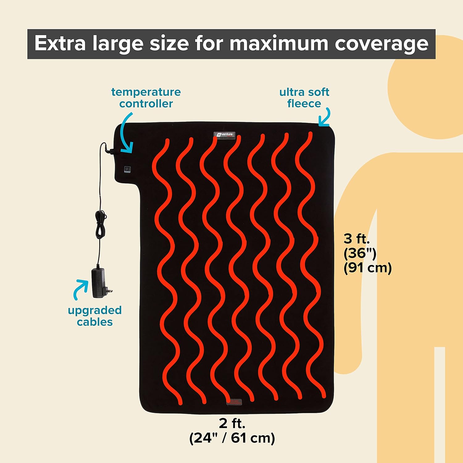 36 x 24 Venture Heat Far Infrared Deep Heating Pad for Injury Recovery and Pain Relief, 10 Hour Shutoff Ultra-Soft Deep Tissue Electric Therapeutic Device (Half Length) - Image 2
